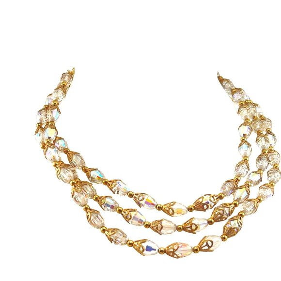 Aurora Borealis Three Strand Vintage Faceted Crystal Necklace Mid Century Vintag - Picture 5 of 6